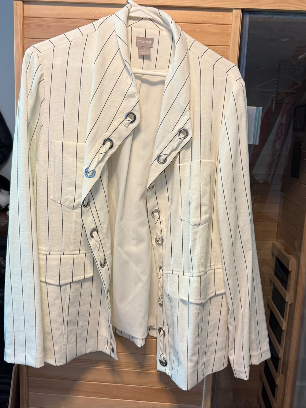 Chico's Cream Blazer with Navy Pinstripes and Grommet Detail